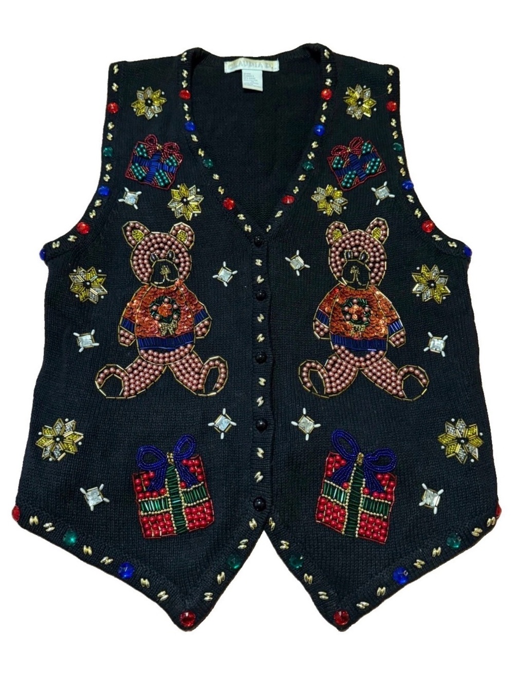Vintage Claudia D. Ugly Christmas Sweater Vest Bear Beaded Black Medium